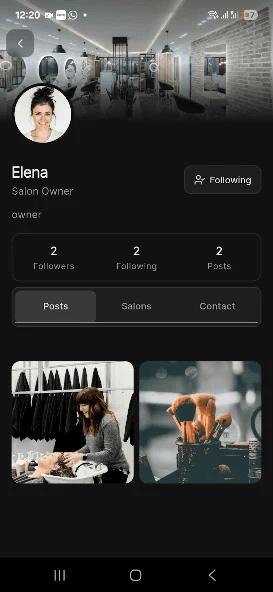 A salon owner's profile in the Salongraphy app